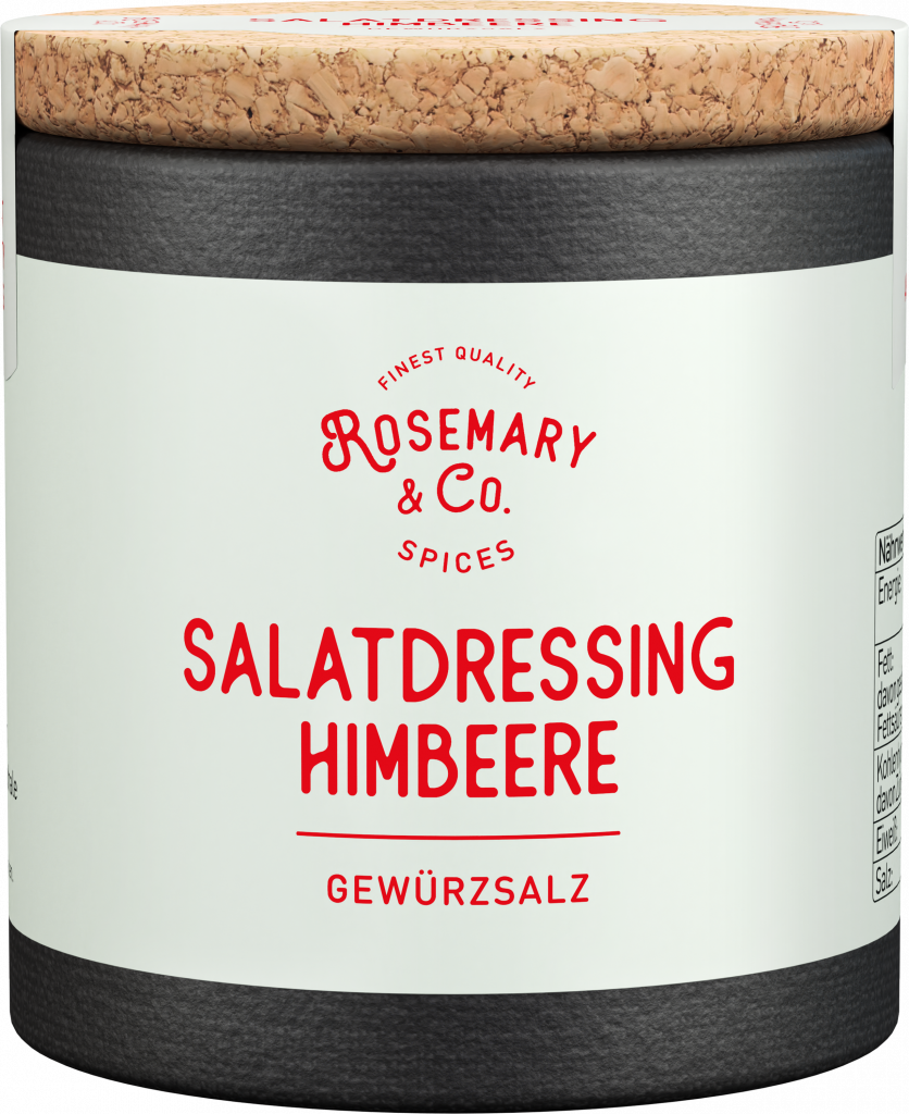Dose Rosemary & Co. Gewürze Salatdressing Himbeere mit Korkdeckel und weiß-schwarzem Design