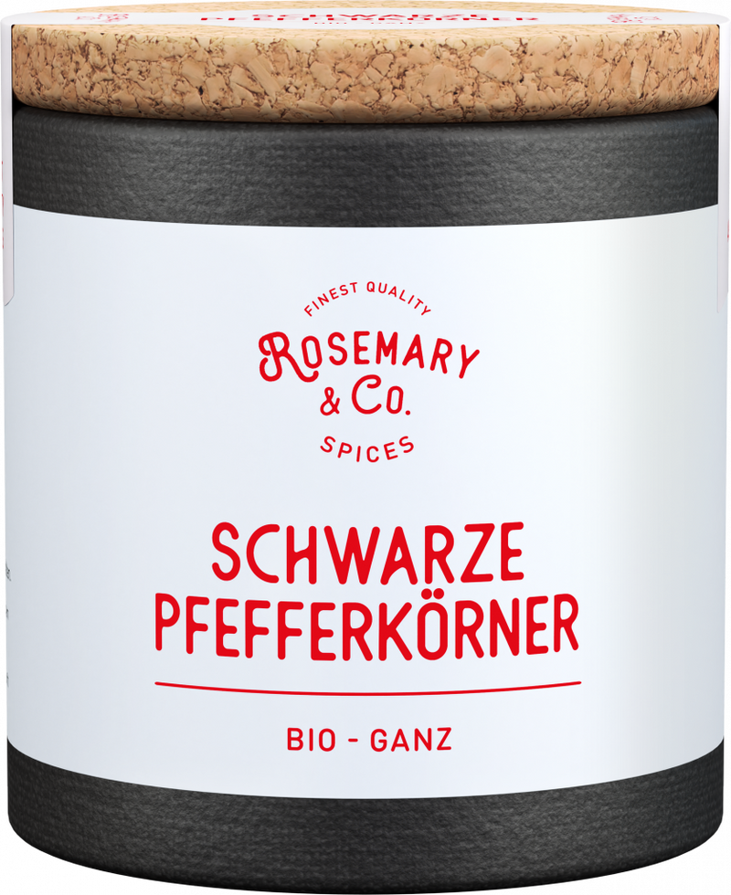 Dose mit weißem Etikett, Aufschrift Bio Schwarze Pfefferkörner, Korkdeckel, Marke Rosemary & Co Gewürze1