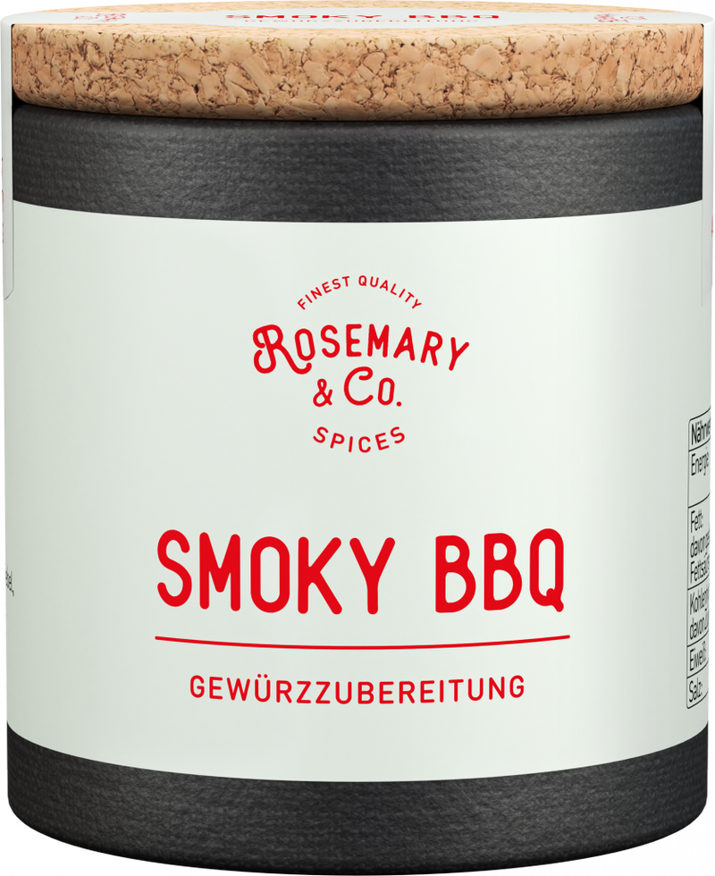 Dose mit Aufschrift Rosemary & Co. Gewürze Smoky BBQ, schwarz-weiß, Korkdeckel1