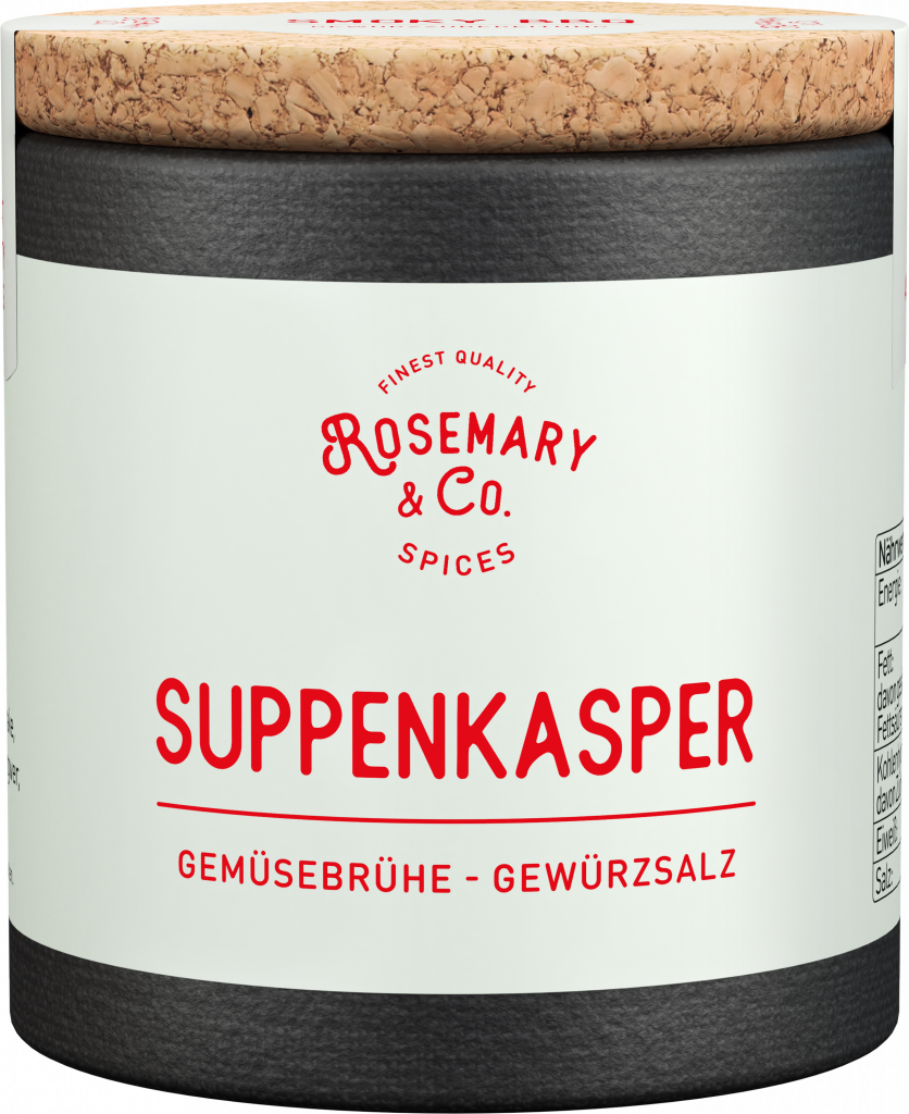 Dose von Rosemary & Co. Gewürze mit Korkdeckel und cremefarbenem Etikett mit roter Schrift