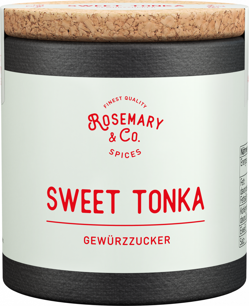 Dose Rosemary & Co. Sweet Tonka Gewürz mit Korkdeckel und weißem Etikett mit roter Schrift