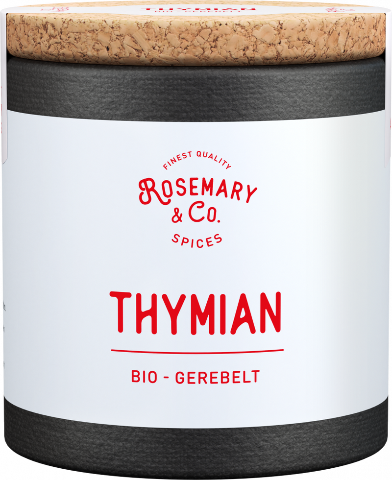 Schwarze Dose mit Korkdeckel, Beschriftung Rosemary & Co. Gewürze Bio Thymian in roter Schrift1