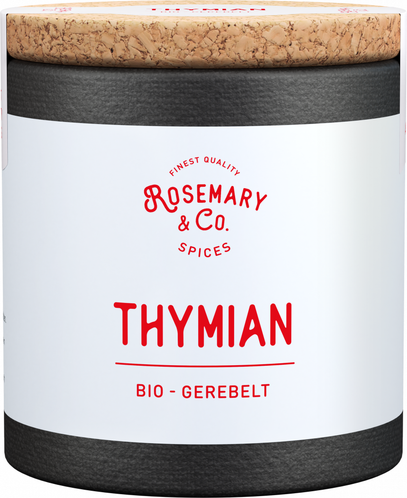 Schwarze Dose mit Korkdeckel, Beschriftung Rosemary & Co. Gewürze Bio Thymian in roter Schrift