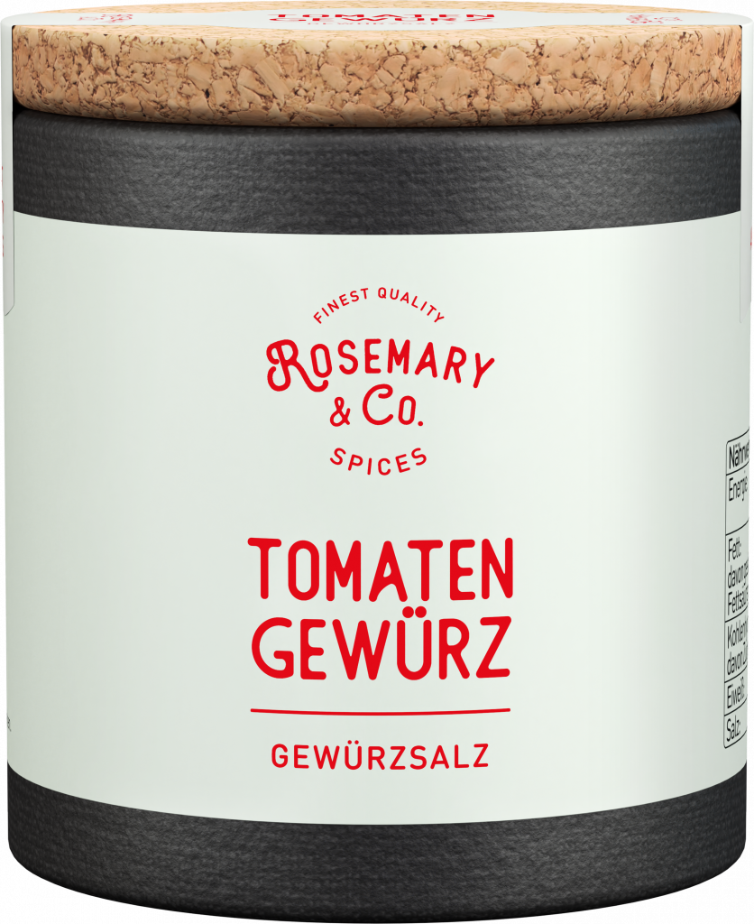 Schwarz-weiße Dose mit Korkdeckel, Aufschrift Tomaten Gewürze von Rosemary & Co. Gewürze