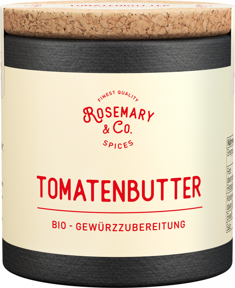 Dose Rosemary & Co. Gewürze Tomatenbutter Bio mit Korkdeckel und cremefarbenem Etikett mit roter Schrift1