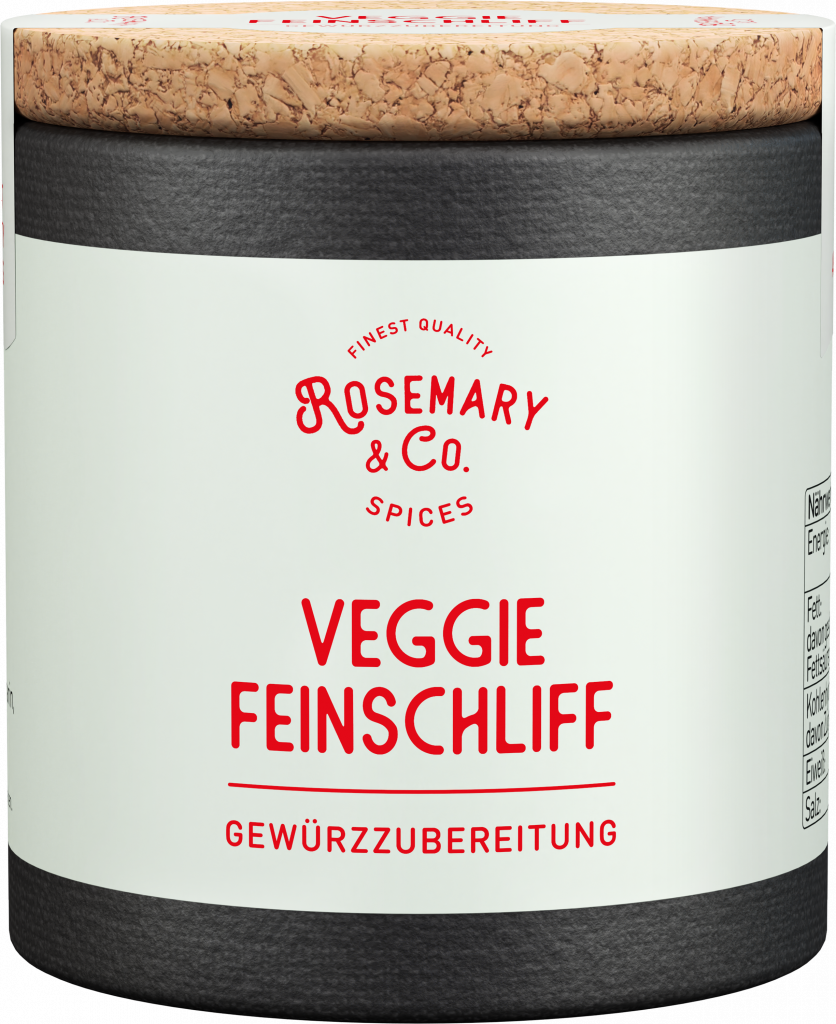 Dose mit Korkdeckel, Aufschrift Rosemary & Co. Gewürze Veggie Feinschliff