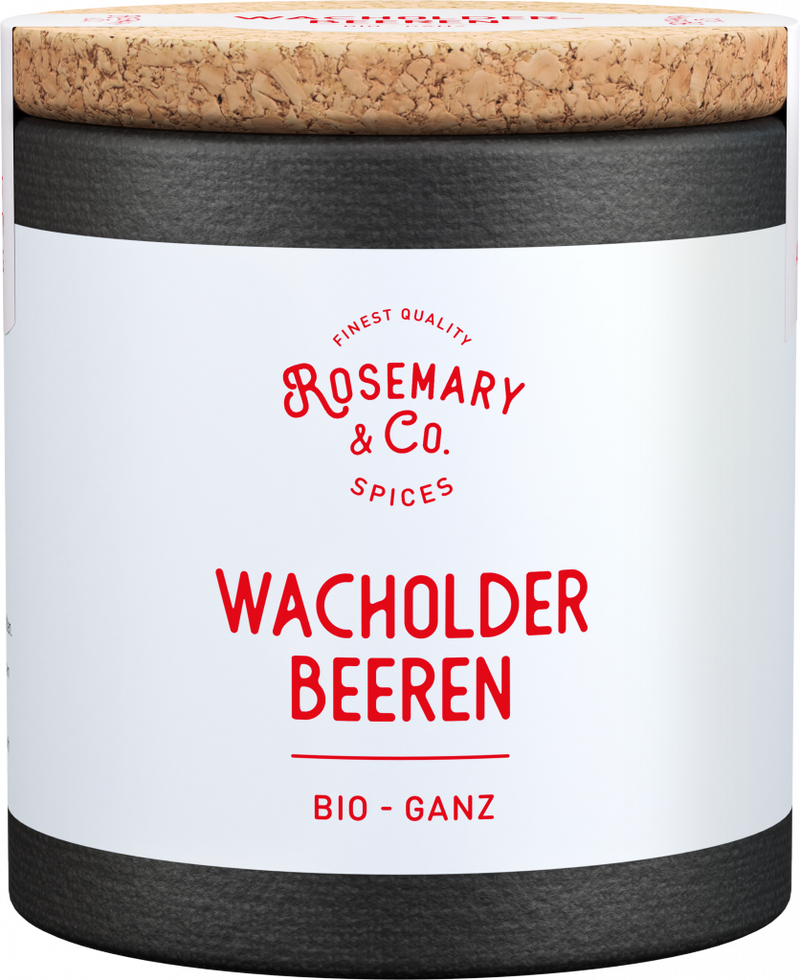 Dose mit Korkdeckel, Aufschrift Bio Wacholderbeeren, Marke Rosemary & Co Gewürze1