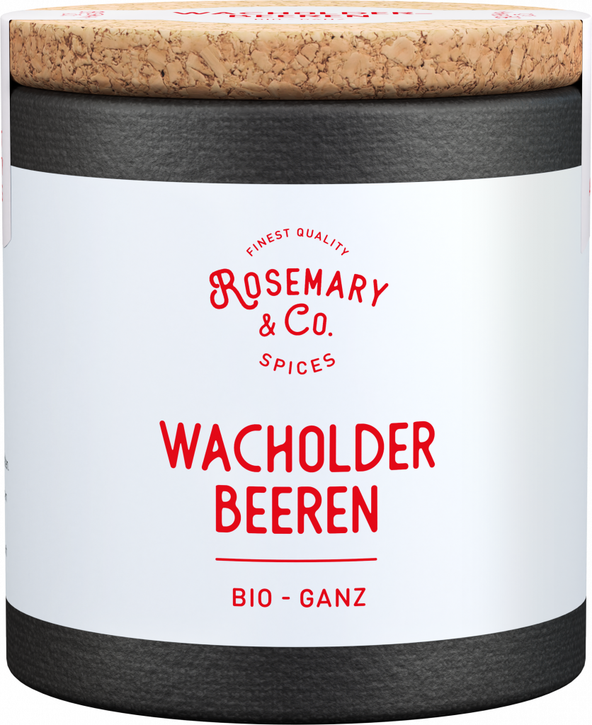 Dose mit Korkdeckel, Aufschrift Bio Wacholderbeeren, Marke Rosemary & Co Gewürze